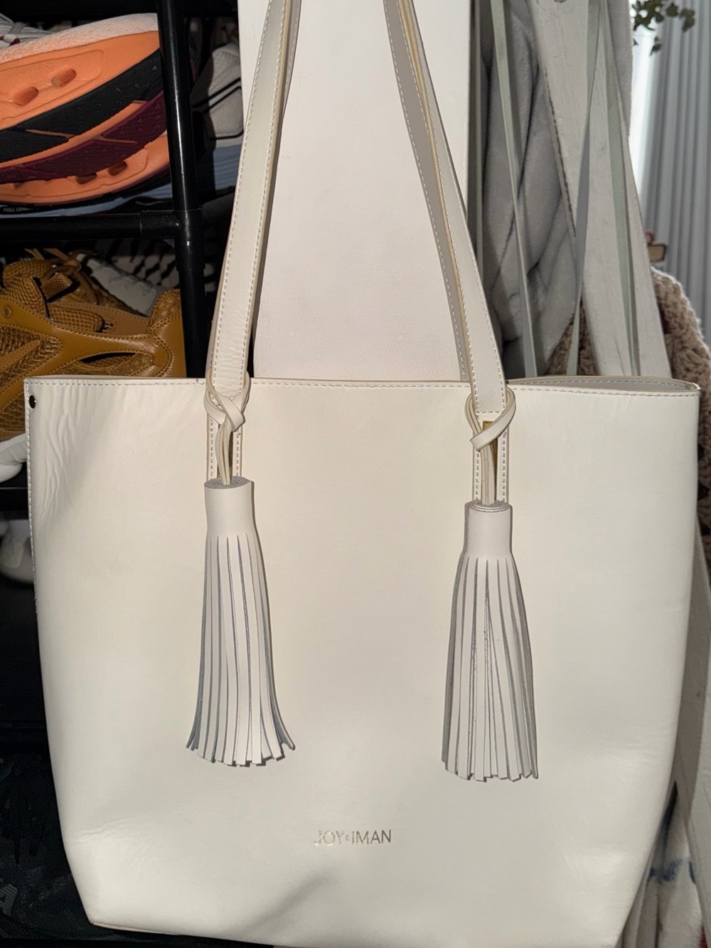 Joy & Iman Ivory Genuine Leather Tote Bag with Tassels Gold Hardware